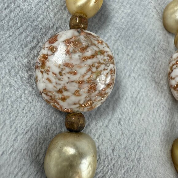 Gold Copper Speckled Long Beaded Necklace White Marble Effect Statement Beads - Picture 16 of 16